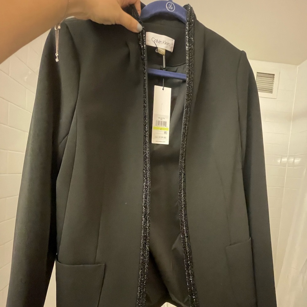 Open front blazer suit jacket w/ beaded neckline.